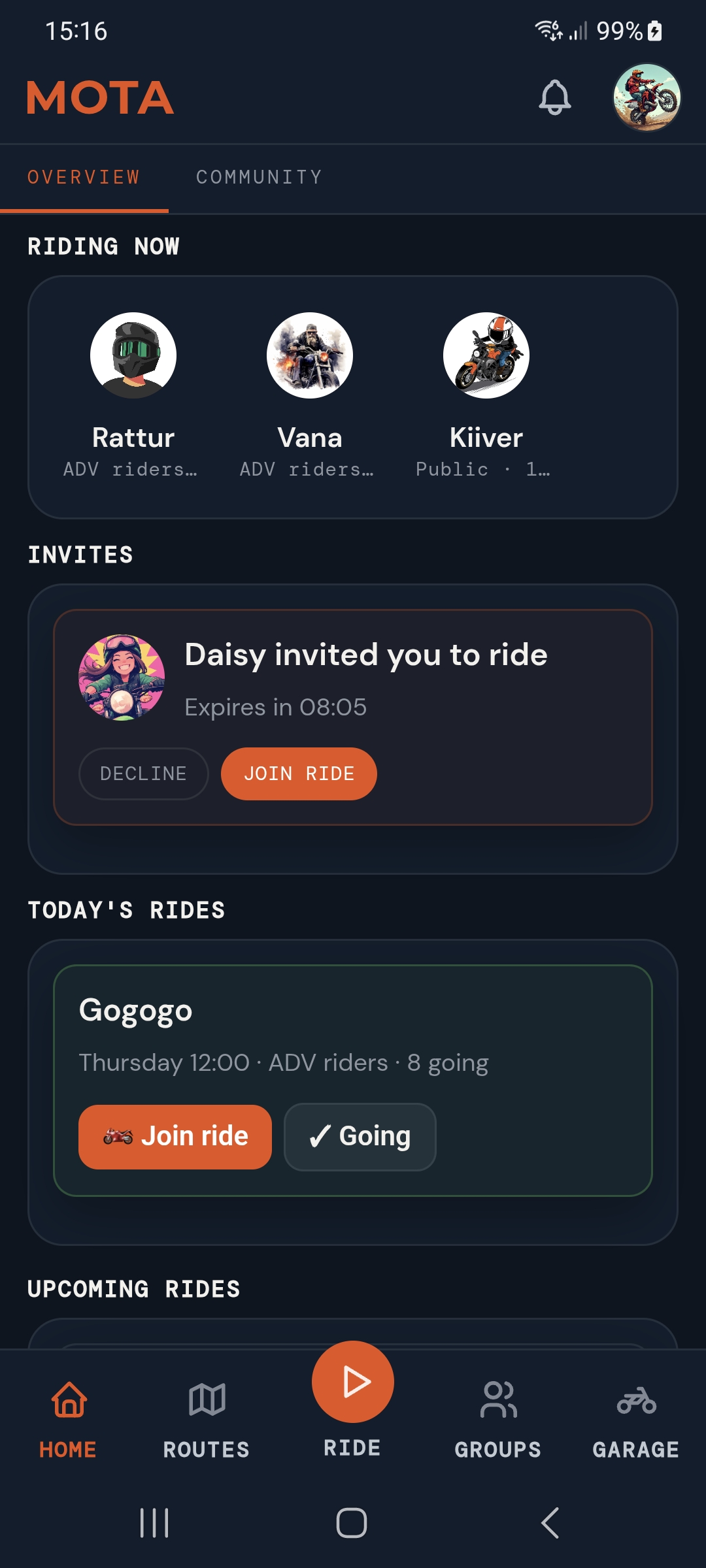 Mota home screen showing current riding activity