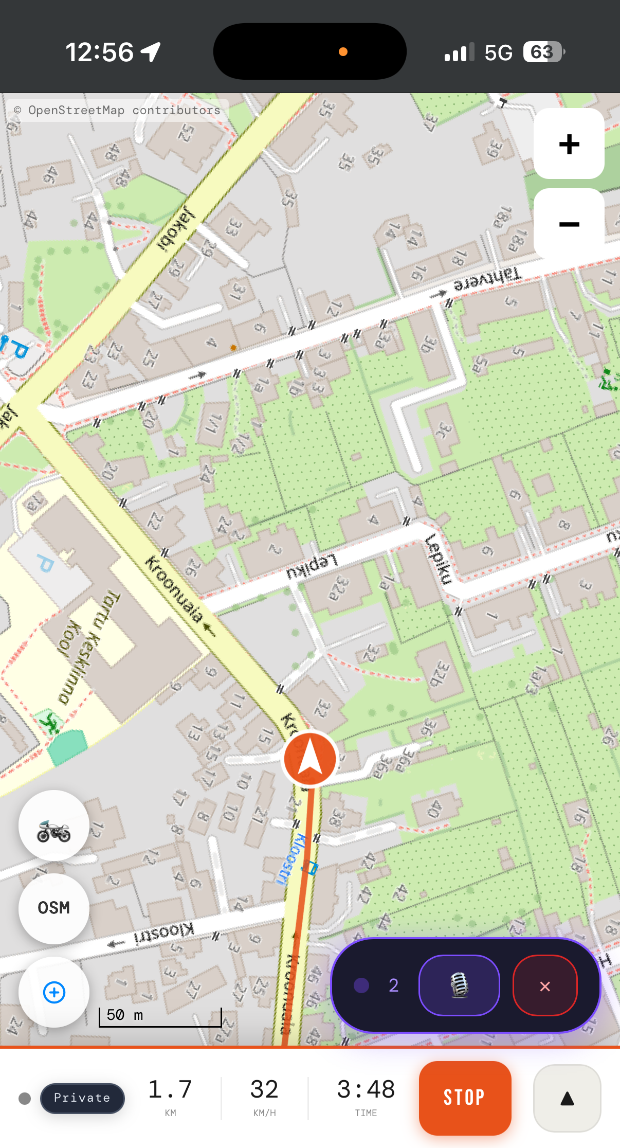 Mota live ride map with route and rider positions
